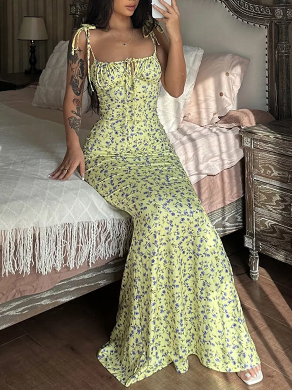 Floral Print Tie Strap Bodycon Maxi Dress, image 11
