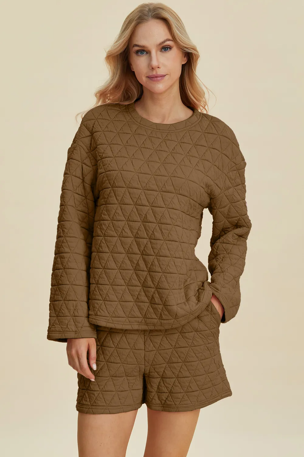 Full Size Texture Round Neck Long Sleeve Top and Shorts Set, image 3