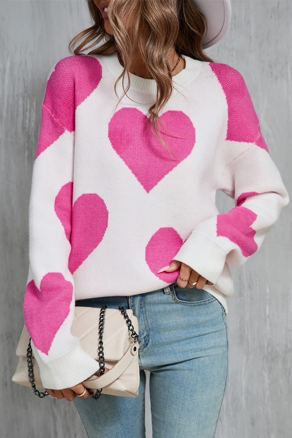 Contrast Heart Dropped Shoulder Long Sleeve Sweater, image 2