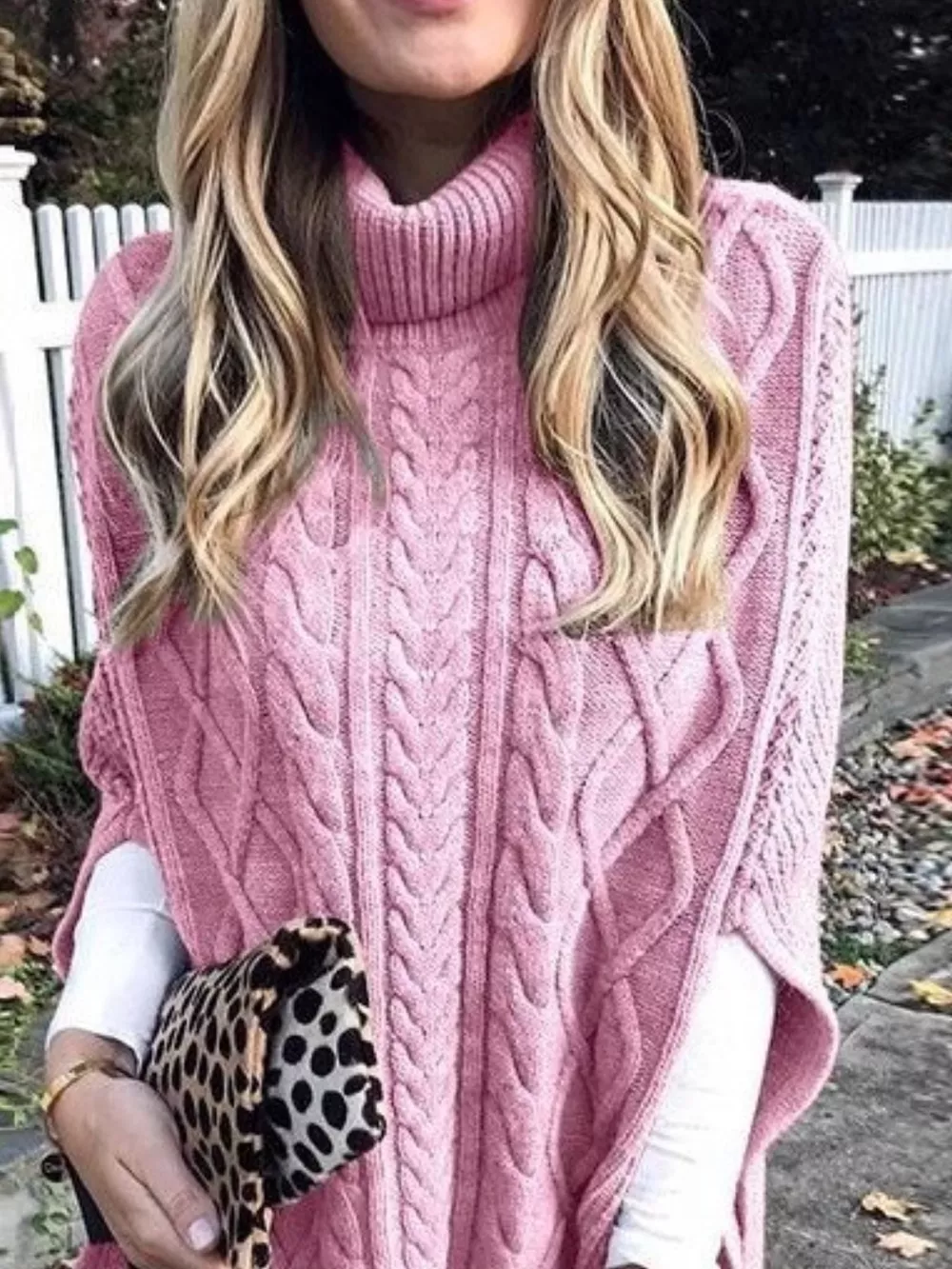 Chunky Cable Knit Turtleneck Poncho Cover Up, image 4