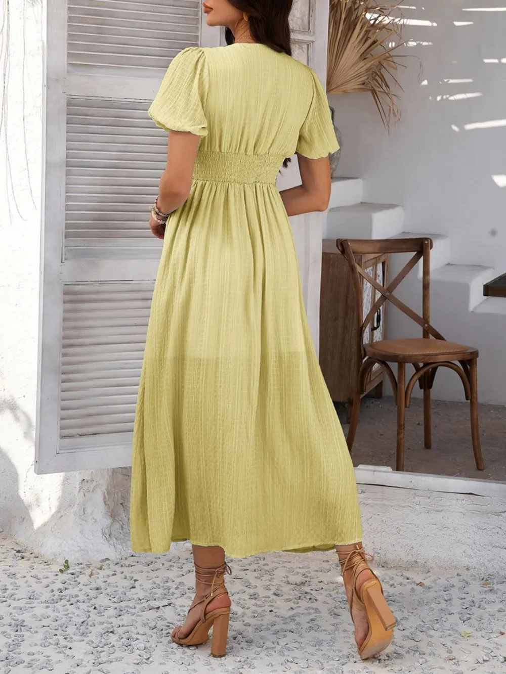 V-Neck Puff Short Sleeve Midi Dress, image 3