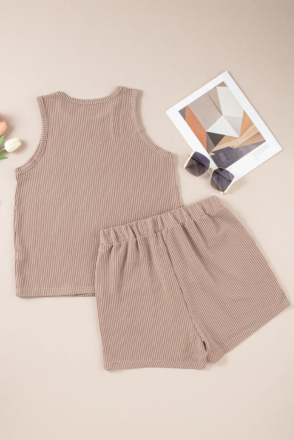 Textured Round Neck Tank and Shorts Set, image 3