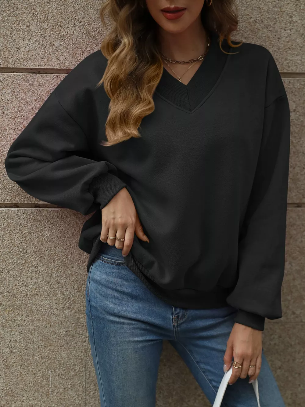 V-Neck Solid Color Casual Sweatshirt