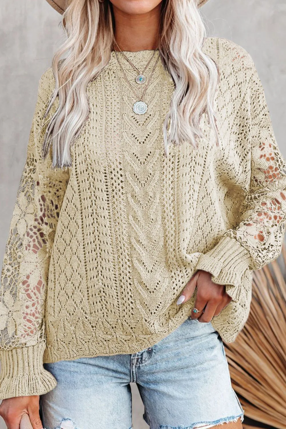 Openwork Round Neck Long Sleeve Sweater, image 8