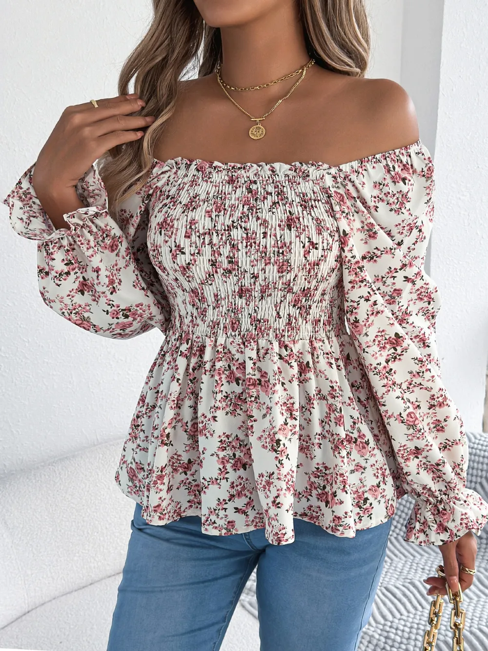 Floral Square Neck Flounce Sleeve Blouse, image 3