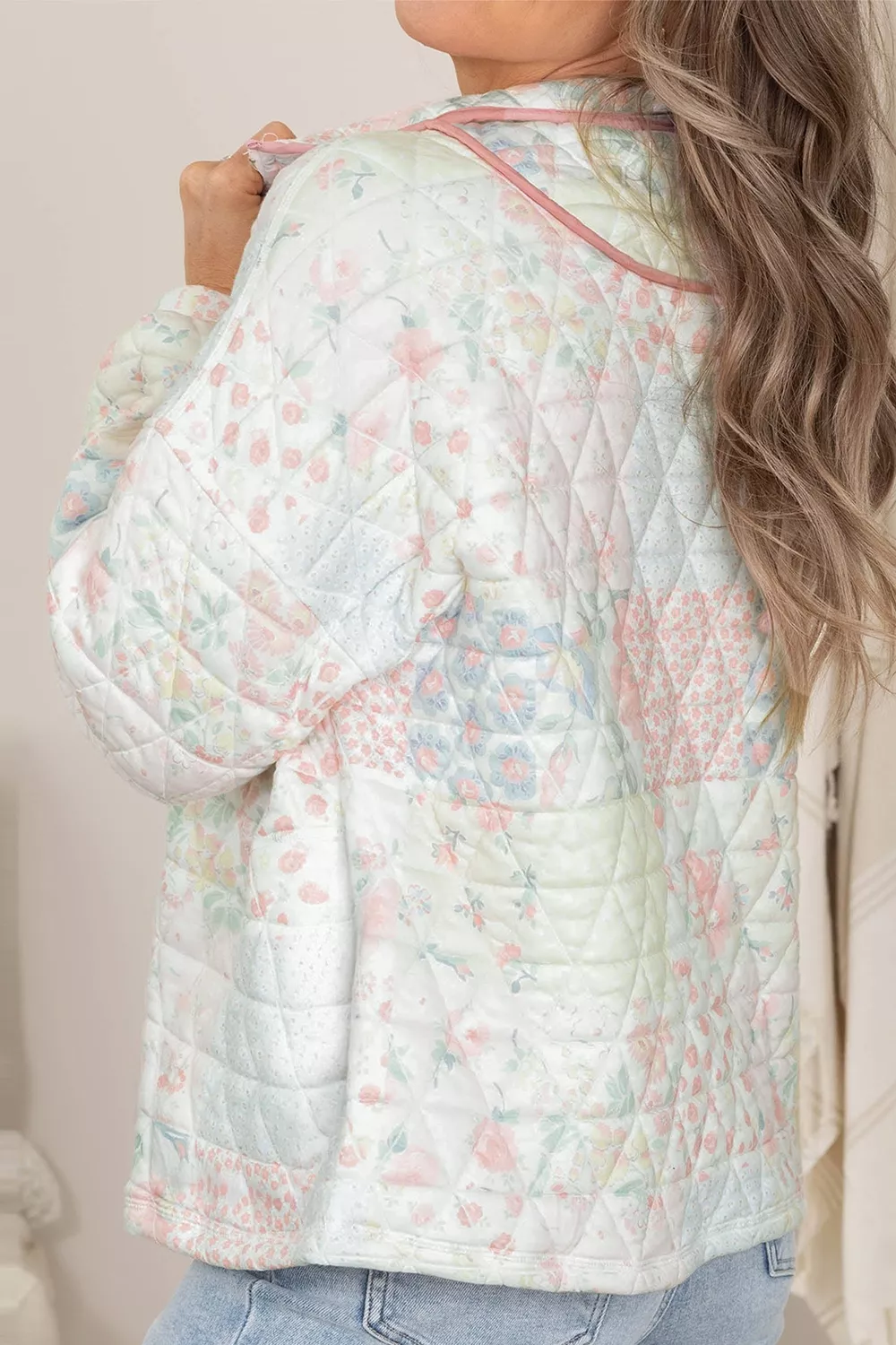 Floral Quilted Half Button Pocketed Pullover Sweatshirt, image 4