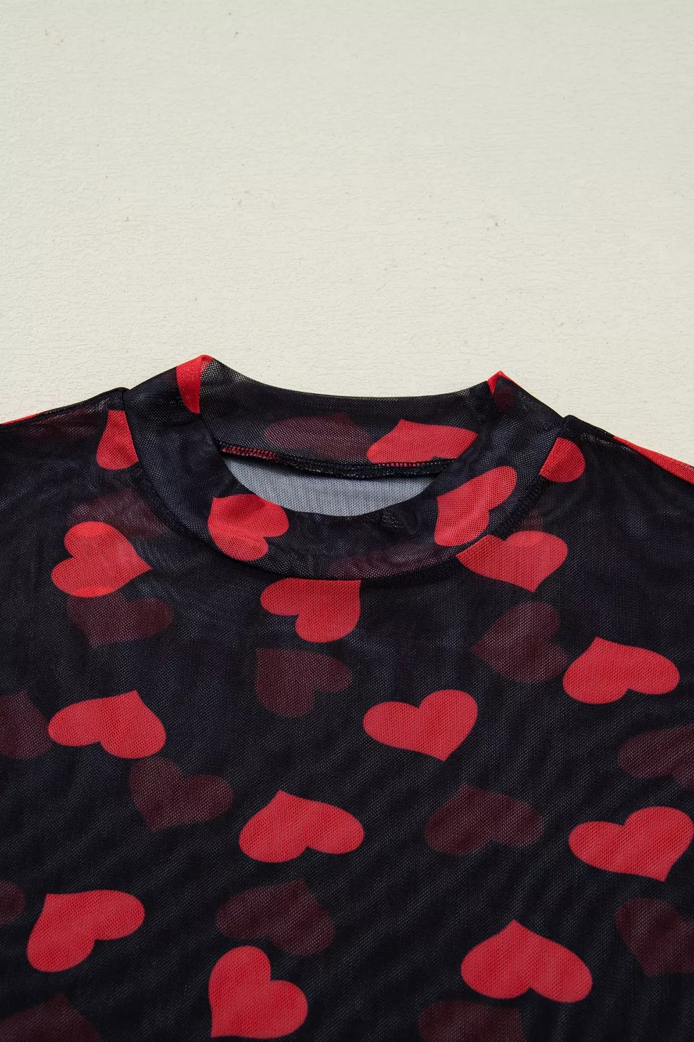 Valentines Heart Printed Sheer Mesh Long Sleeve Top, image 3
