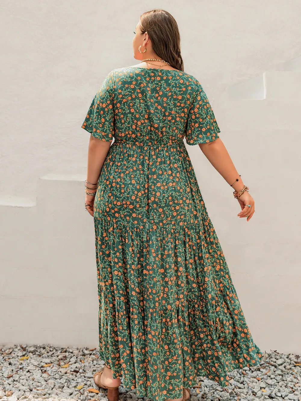 Plus Size Printed Short Sleeve Tiered Maxi Dress, image 3