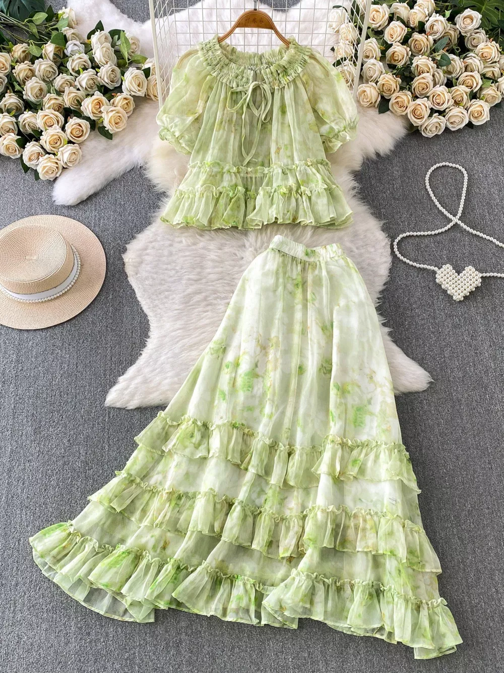 Floral Print Ruffle Hem Blouse and Skirt Set, image 2