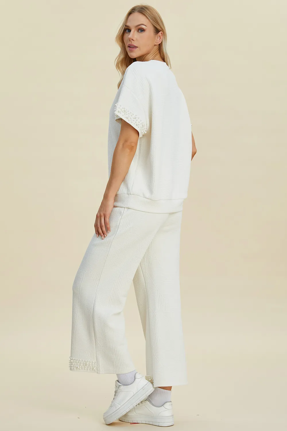 Full Size Pearl Detail Round Neck Top and Pants Set, image 3