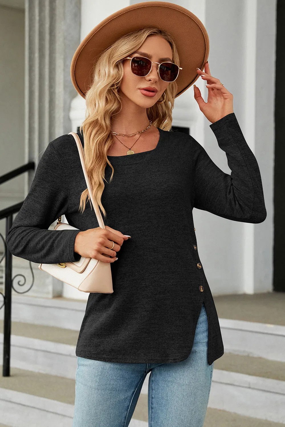 Slit Decorative Button Square Neck T-Shirt, image 7