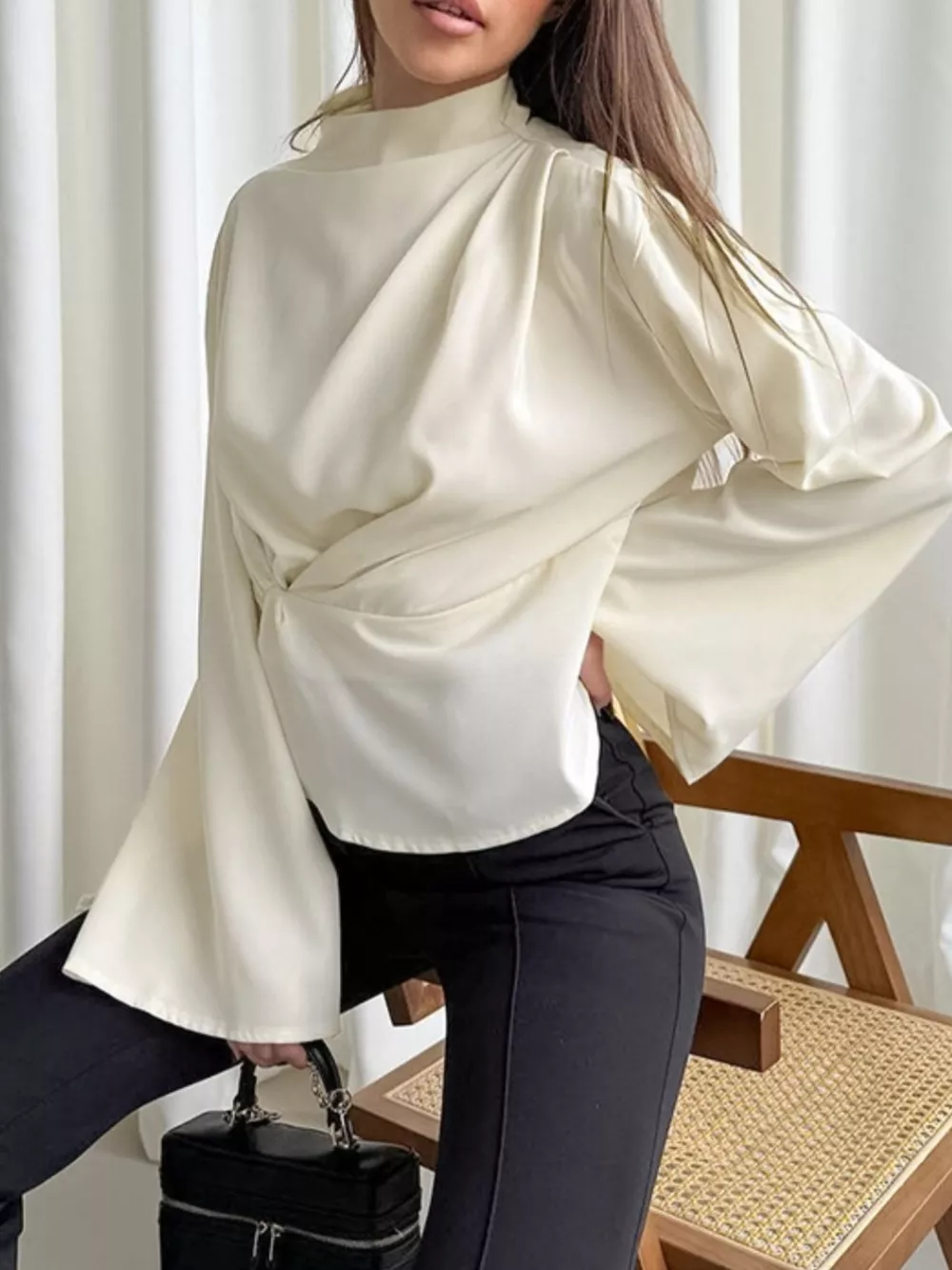 Ruched Mock Neck Long Sleeve Blosue, image 5