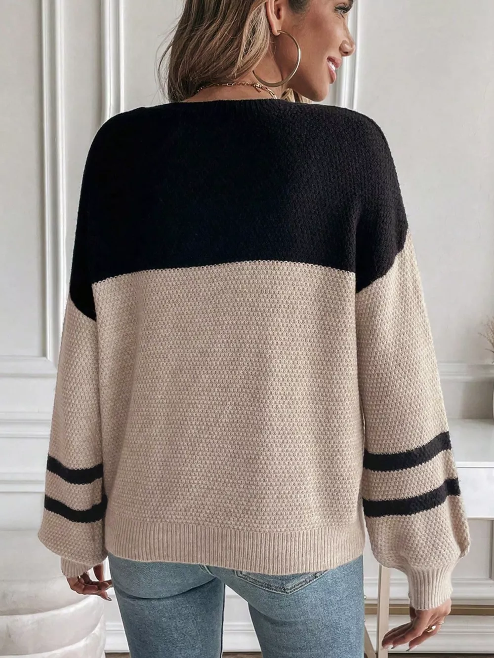 Color Block Knit Striped Sleeve Detail Casual Sweater, image 3