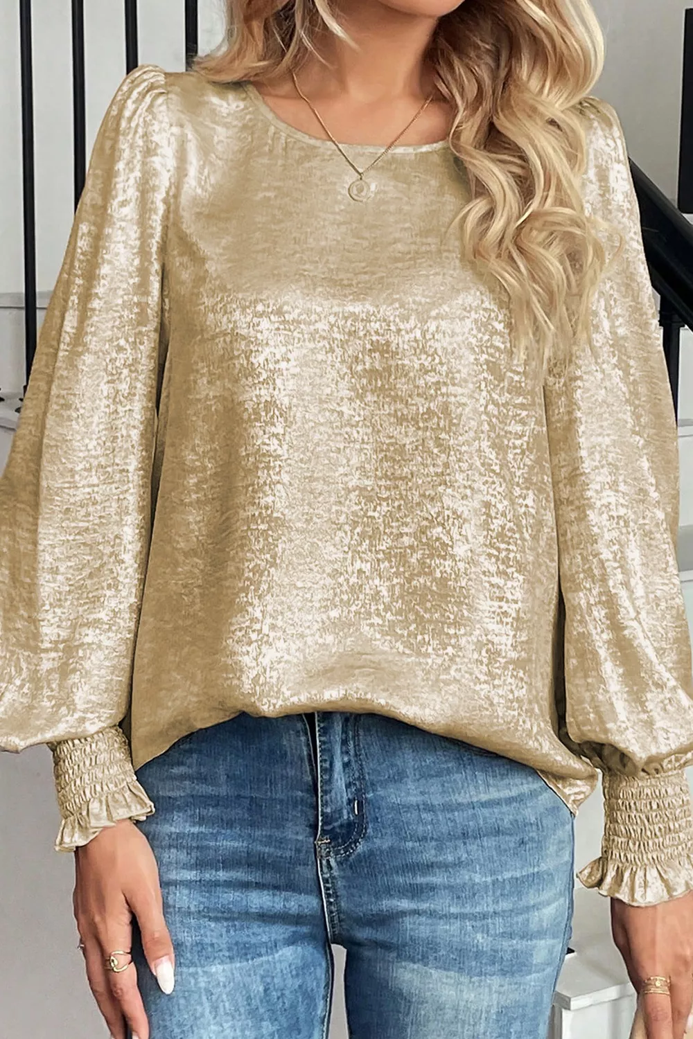 Round Neck Lantern Sleeve Blouse, image 2