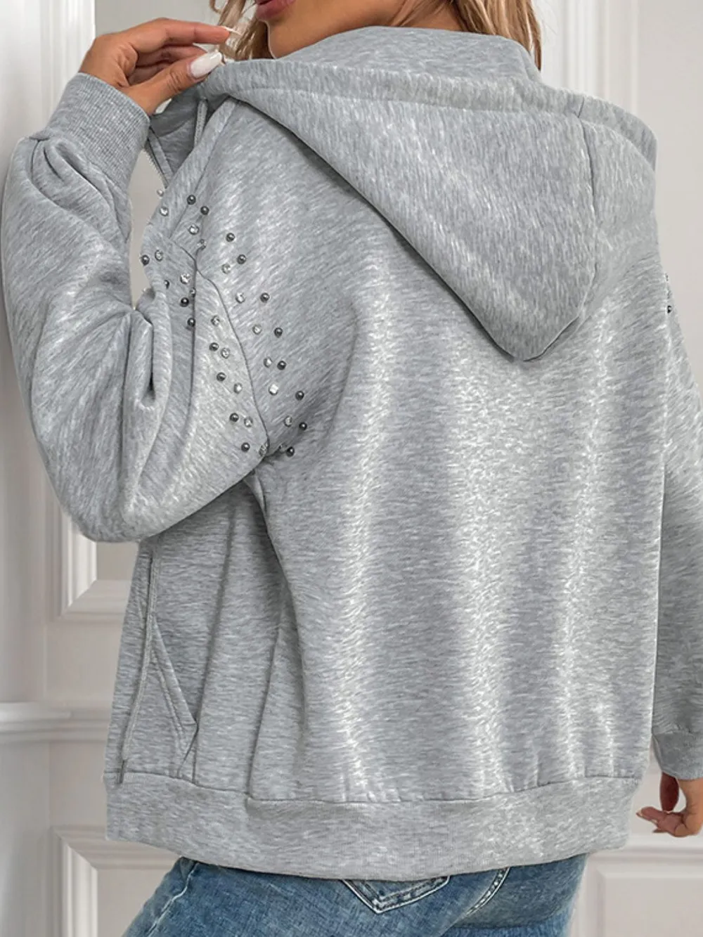 Rhinestone Zip Up Long Sleeve Hoodie, image 4