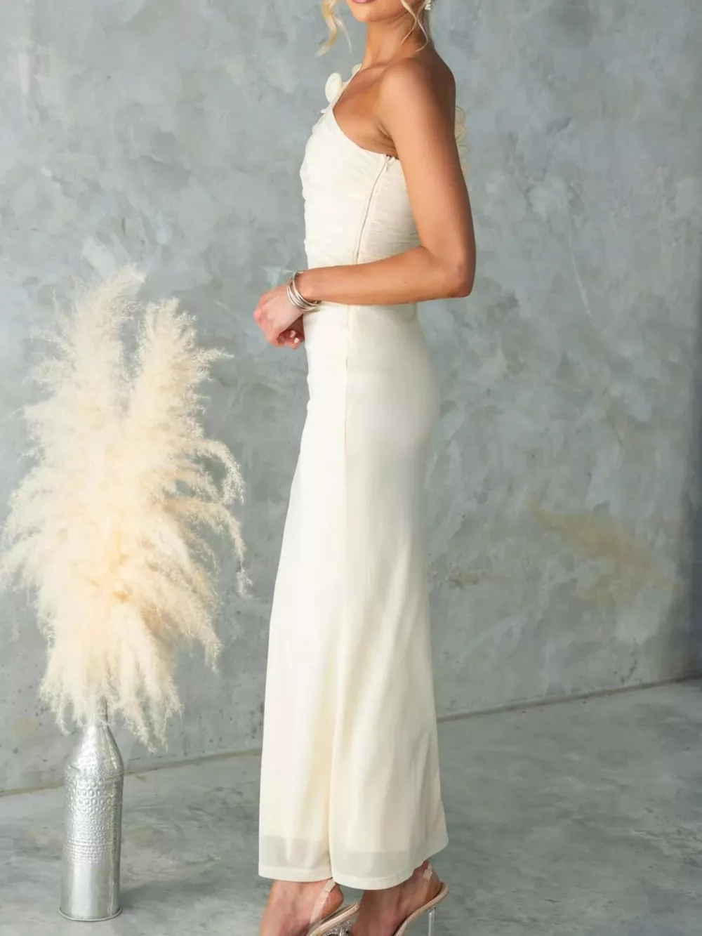 One-Shoulder Floral Trim Sleeveless Maxi Dress, image 9