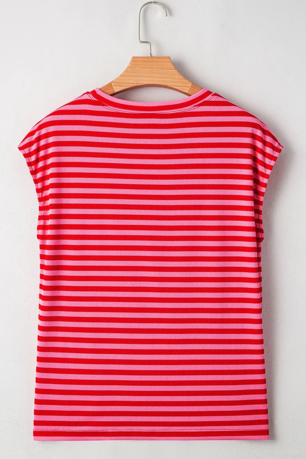 Stripe Ribbed Cap Sleeve Round Neck T Shirt, image 2