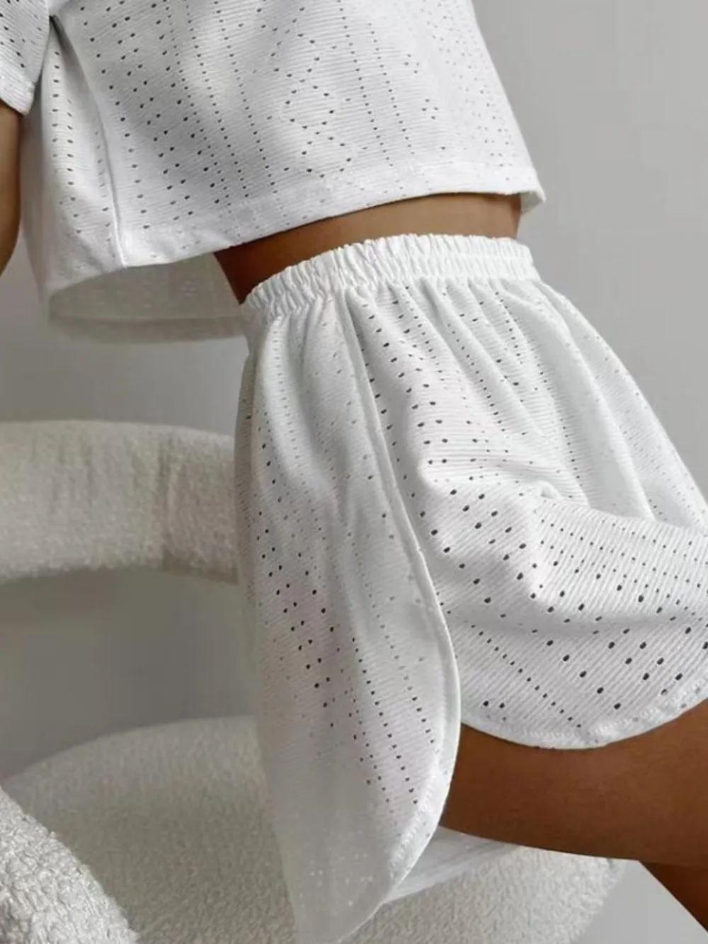 Eyelet Round Neck Top and Shorts Set, image 5