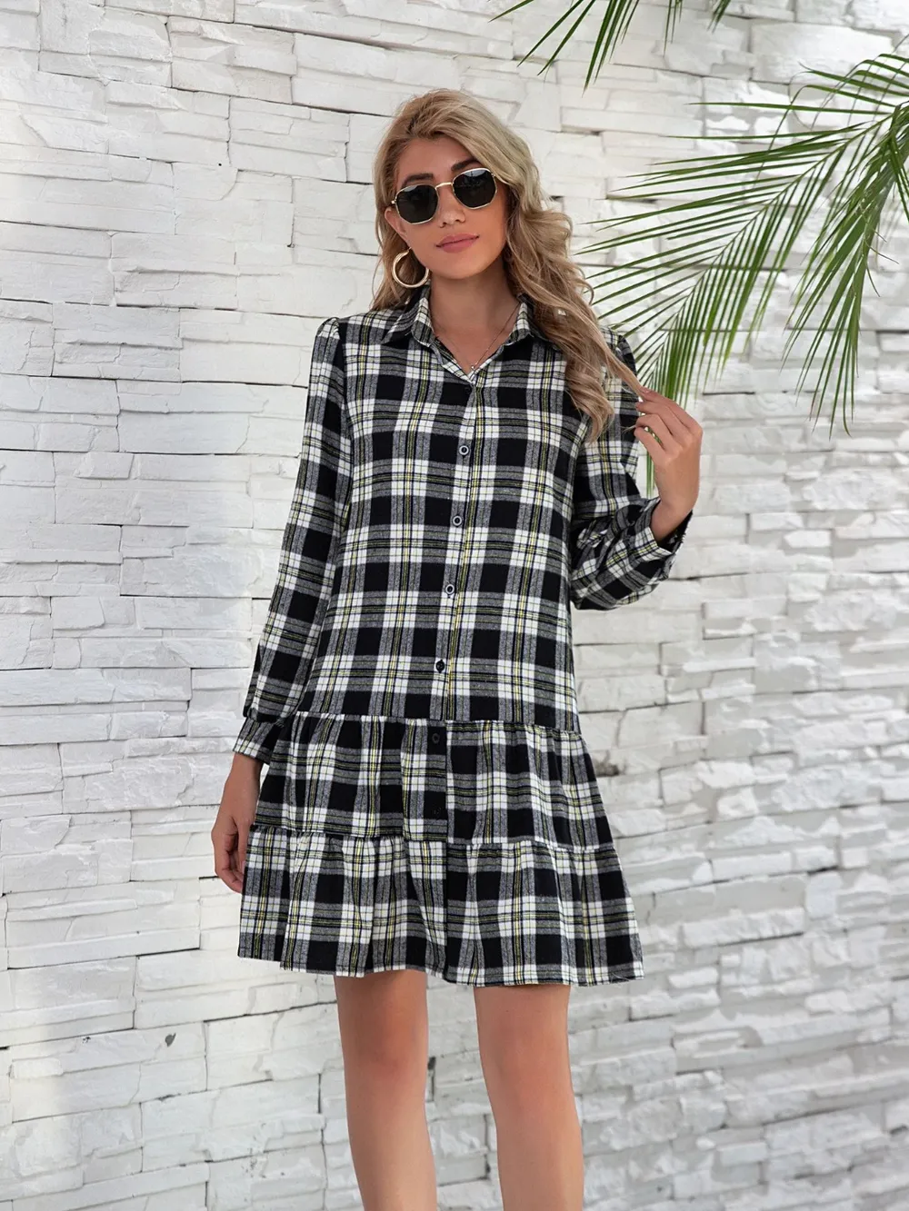 Ruffle Hem Plaid Button Down Long Sleeve Dress, image 8