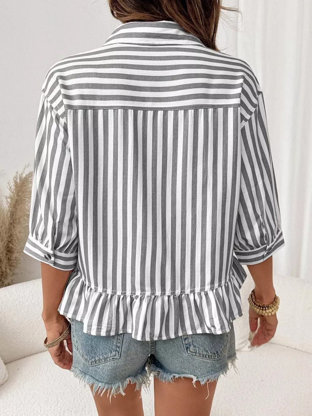 Striped Ruffle Hem Button-Down Shirt, image 13