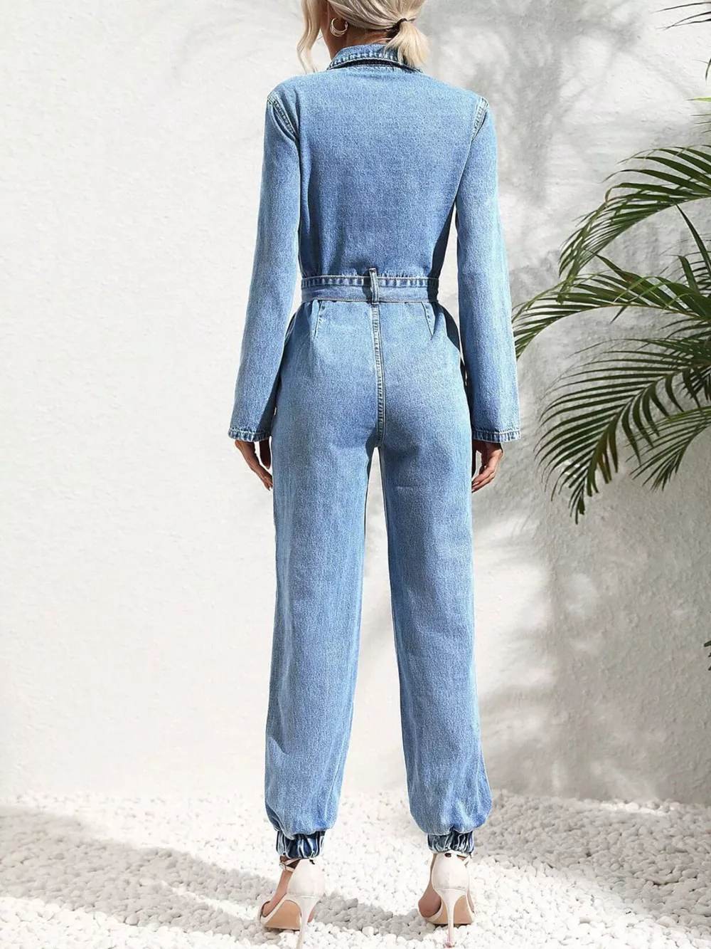 Button Front Belt Denim Jumpsuit, image 6