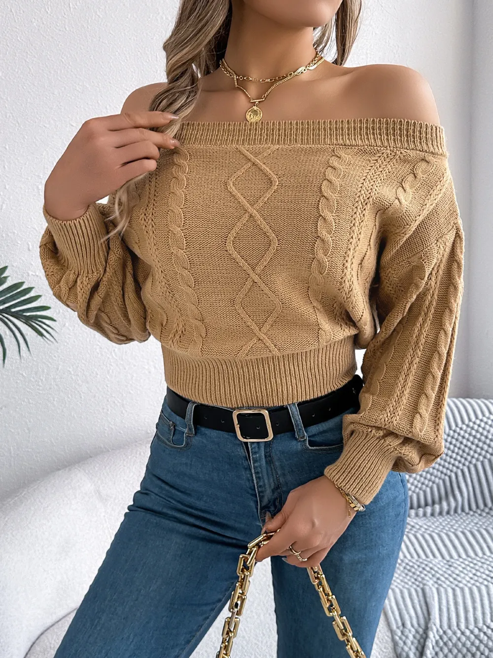 Cable Knit Off-Shoulder Long Sleeve Sweater, image 3