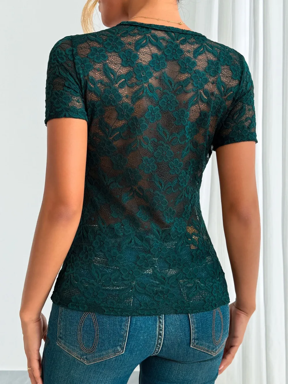 Lace V-Neck Short Sleeve Top, image 5