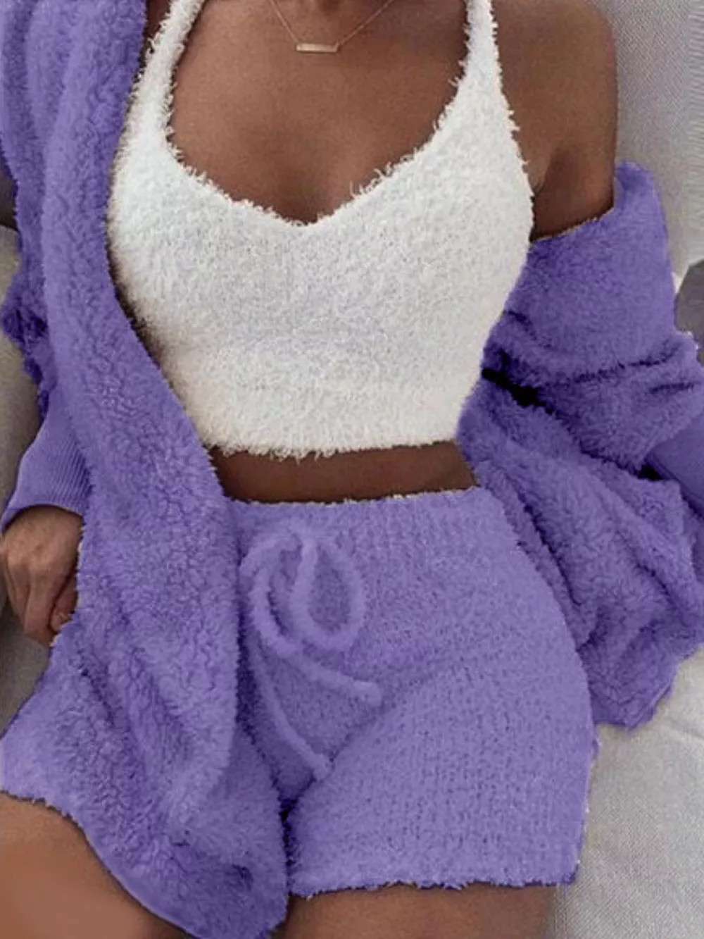 Full Size 3-Piece Fuzzy Plush Cardigan and Shorts Lounge Set with Crop Top Plus Size, image 9