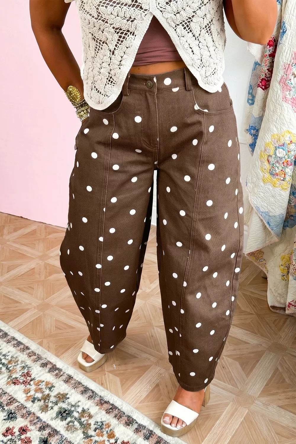 Tailored Seam Polka Dot Print Barrel Casual Jeans, image 5