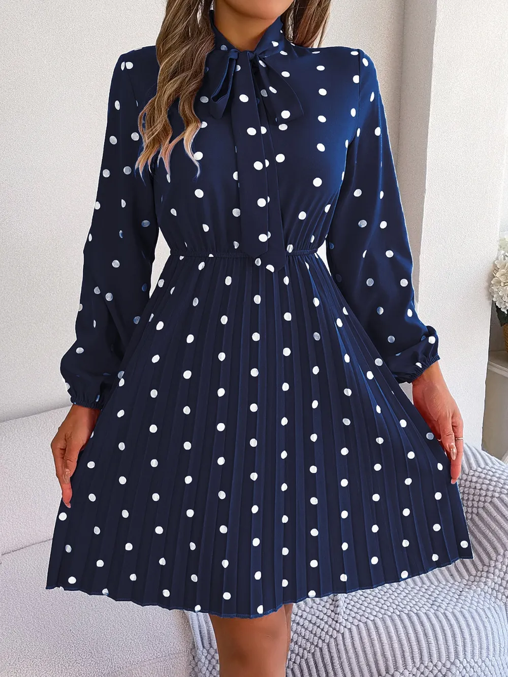 Polka Dot Tie Neck Pleated Dress, image 9