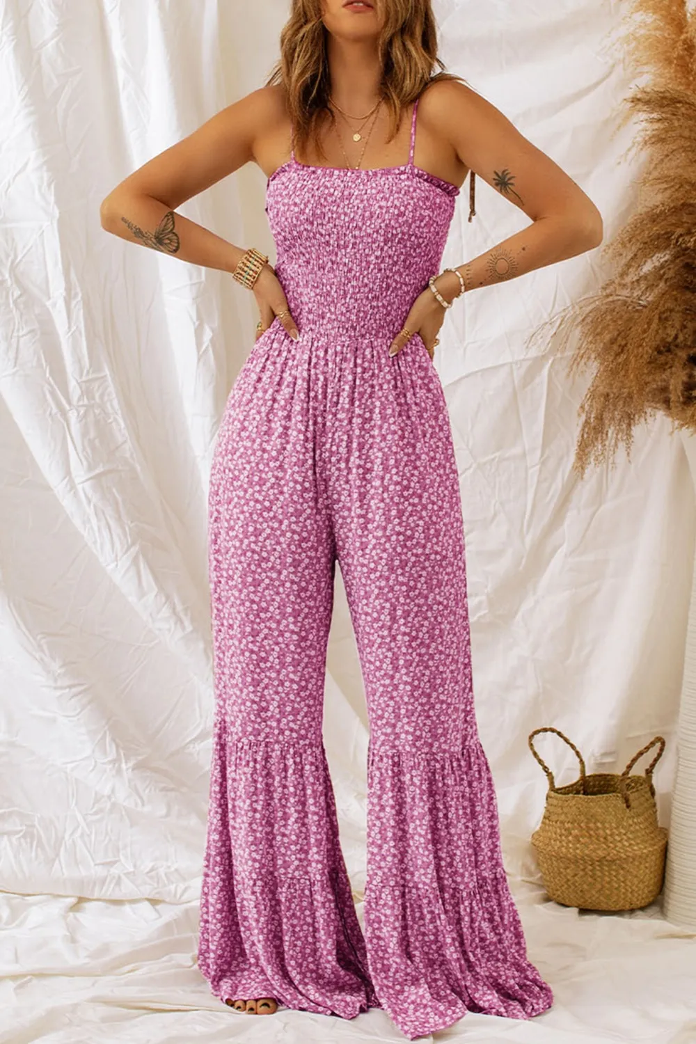 Smocked Printed Wide Strap Jumpsuit, image 2