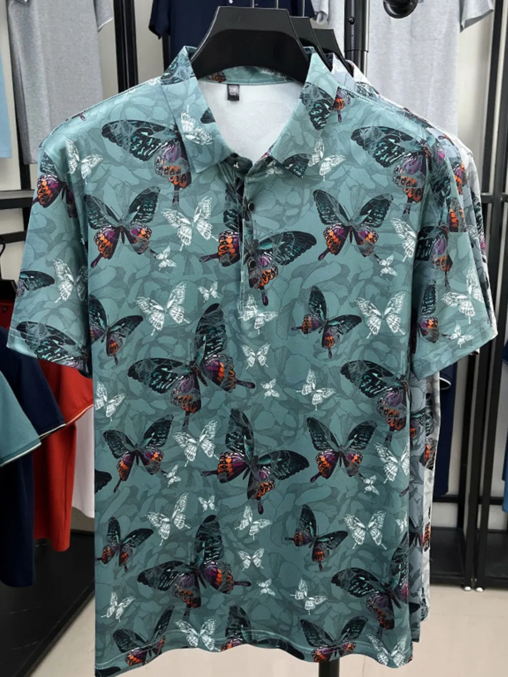 Men's Plus Size Butterfly Print Short Sleeve Polo, image 4