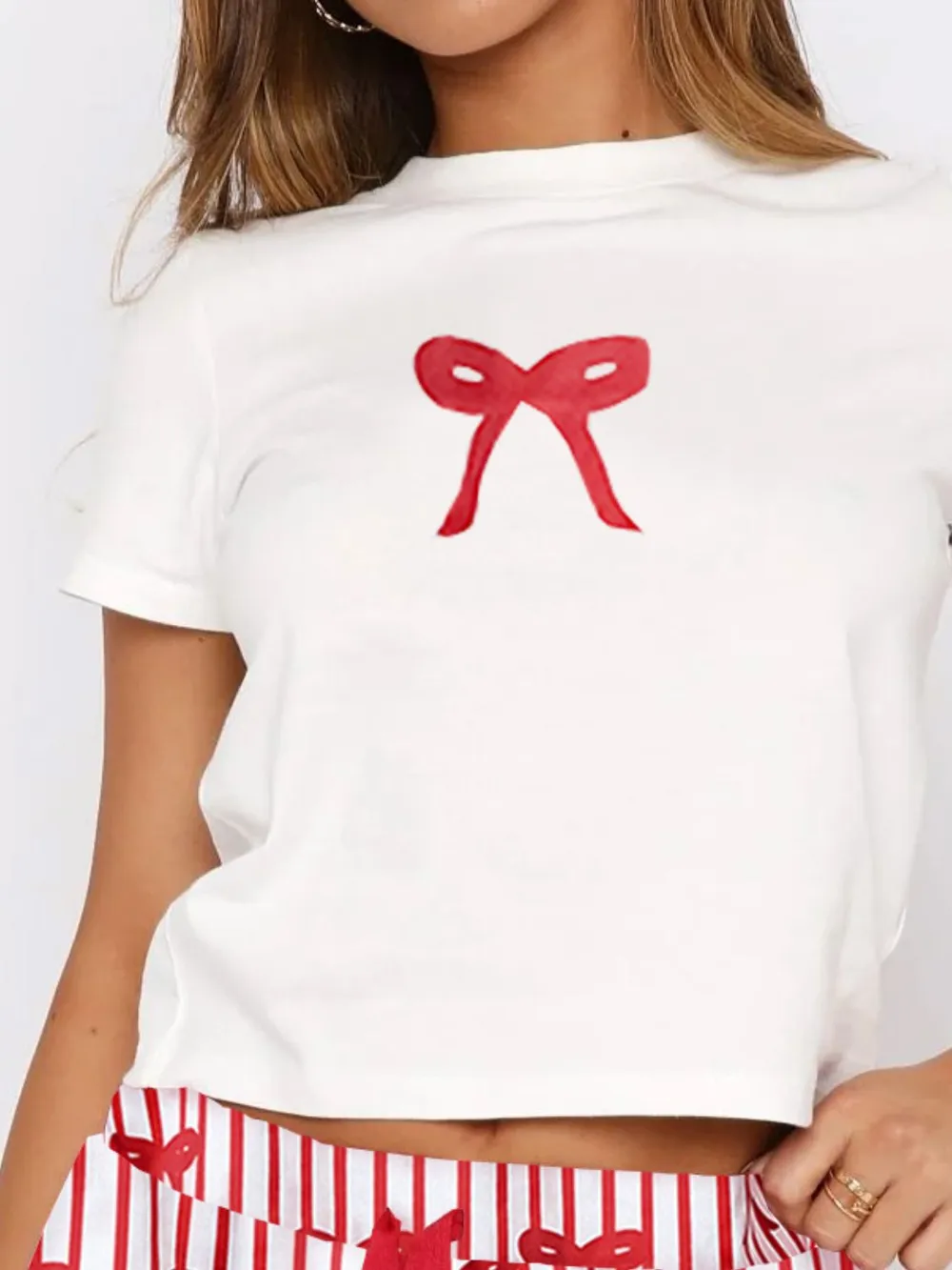 Printed Round Neck Short Sleeve Top and Drawstring Shorts Set, image 8