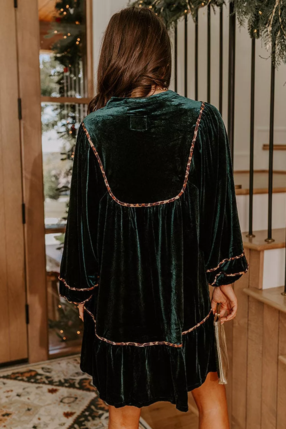 Leopard Trim Velvet Long Sleeve Shift Dress, image 5