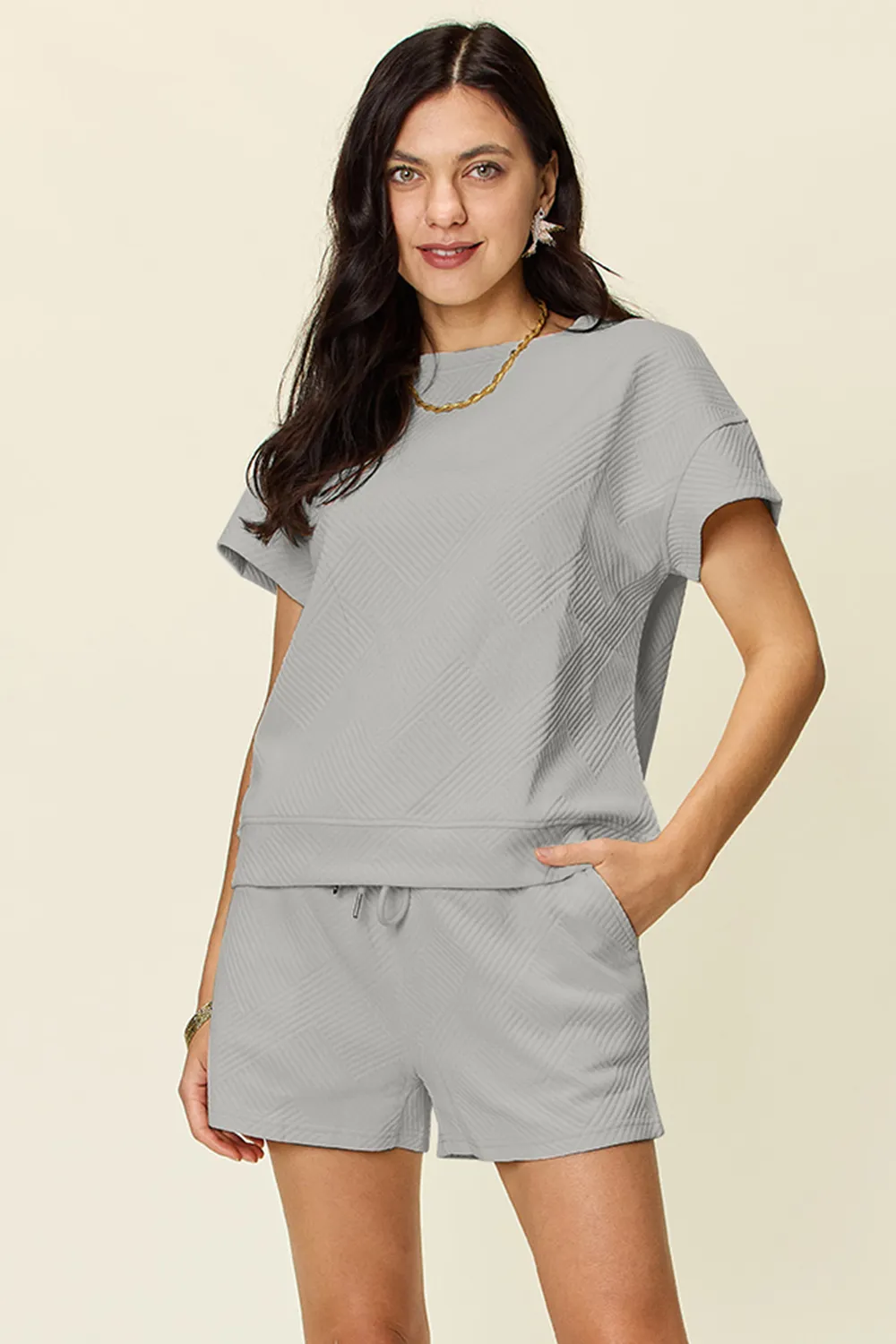 Full Size Texture Short Sleeve T-Shirt and Drawstring Shorts Set, image 5