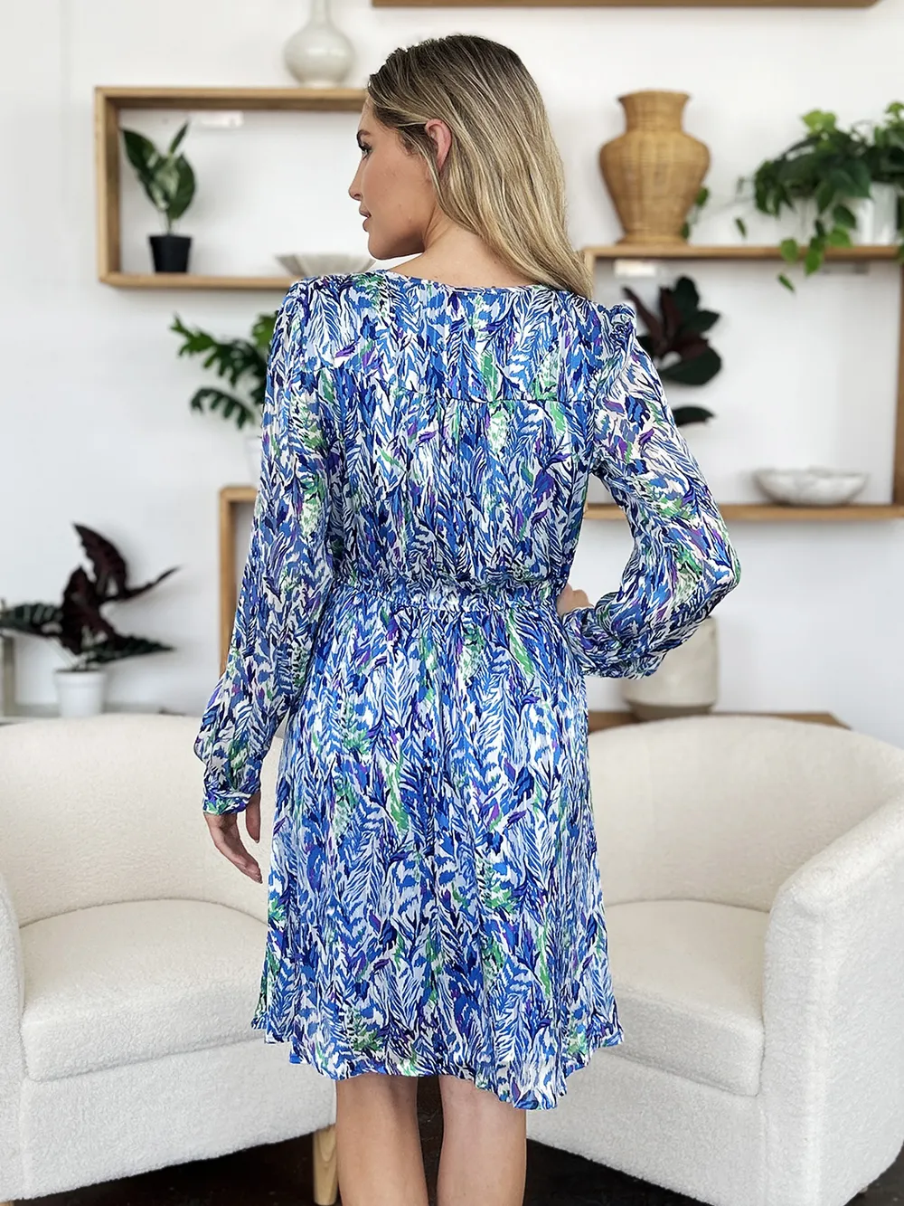 Full Size Printed Drawstring Waist Long Sleeve Dress, image 5