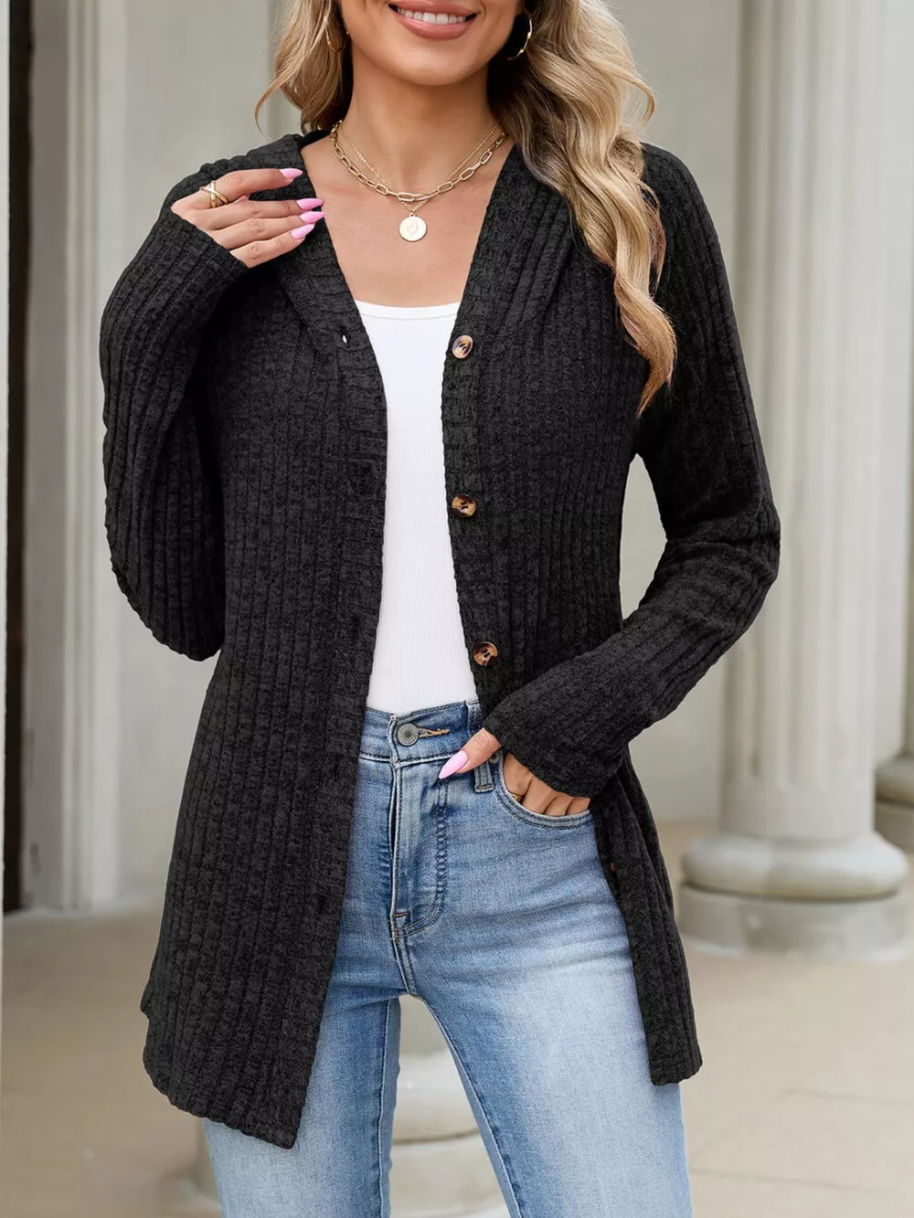 Ribbed Knit Hooded Button-Down Cardigan, image 9