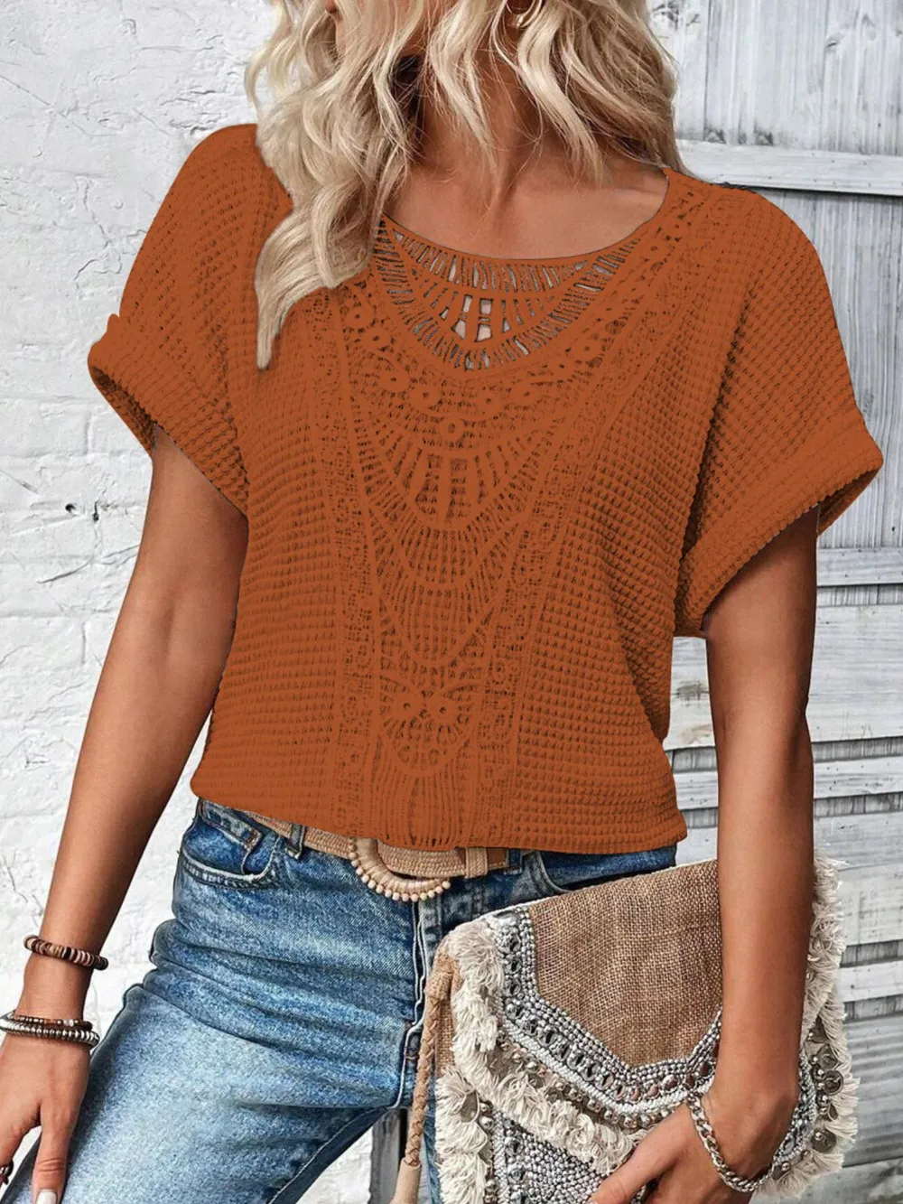 Crochet Lace Short Sleeve Casual T-Shirt, image 2