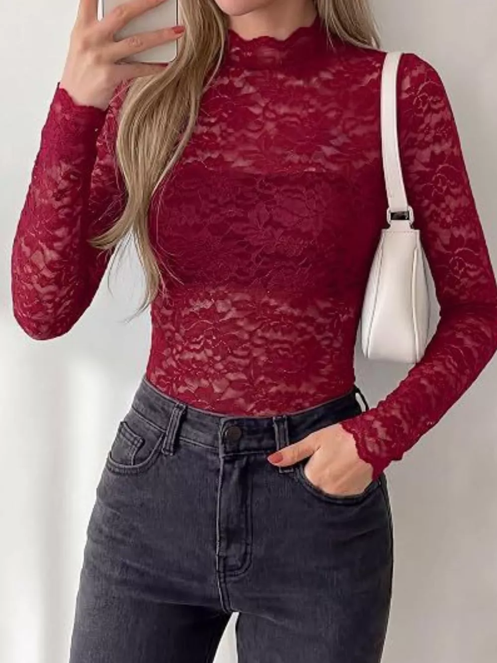 Lace Mock Neck Long Sleeve Top, image 21