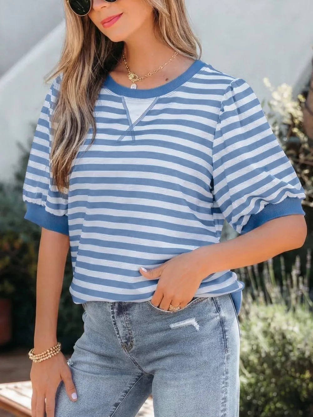 Stripe Short Bubble Sleeve T Shirt, image 3