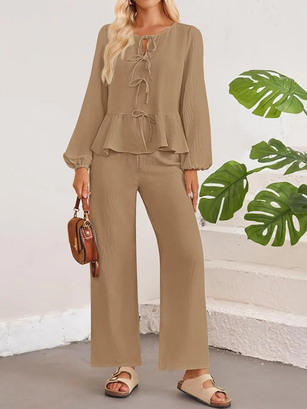 Tie Neck Balloon Sleeve Top and Pants Set, image 5