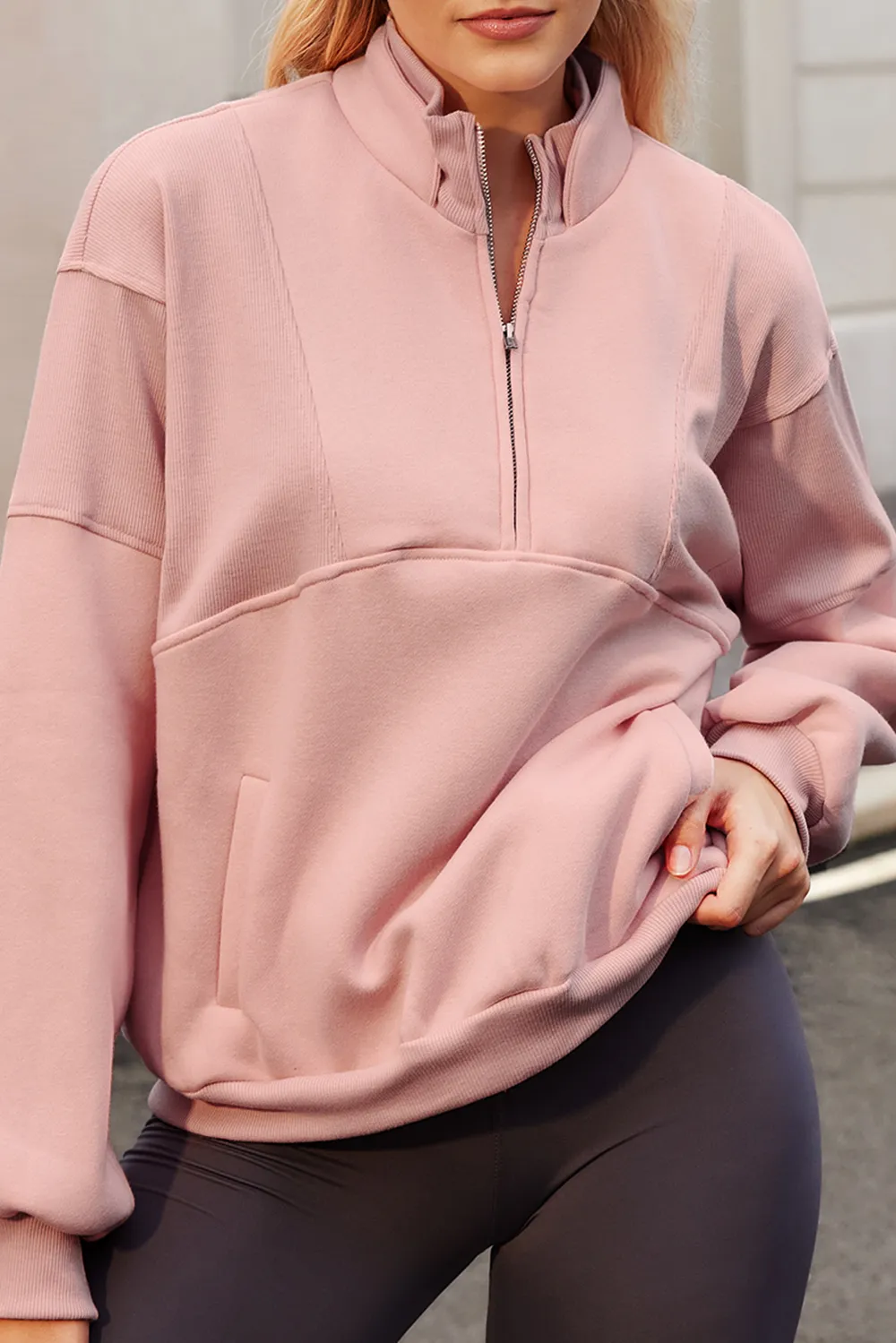Half Zip Drop Shoulder Long Sleeve Sweatshirt, image 5