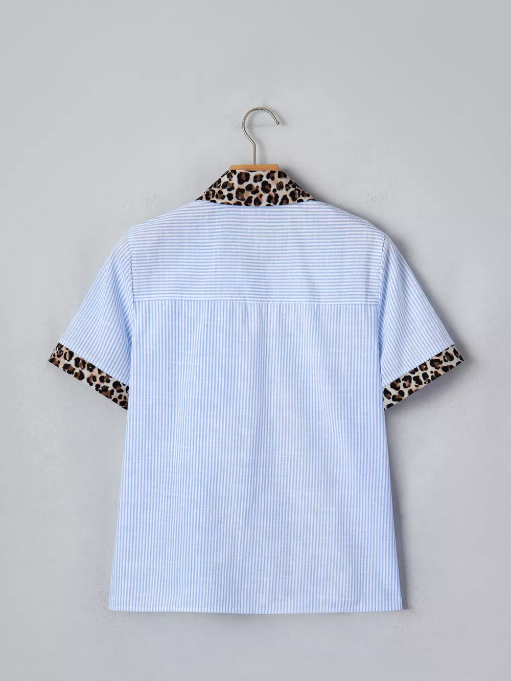 Stripe Leopard Contrast Collar Short Sleeve Shirt, image 6