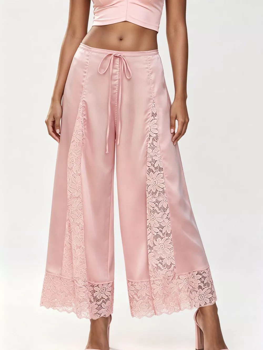 Lace Trim Wide-Leg Cropped Pants, image 7