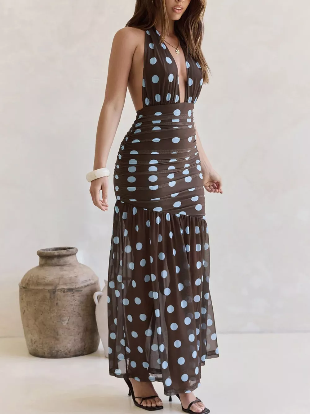 Polka Dot Halter Ruched Maxi Dress, image 4