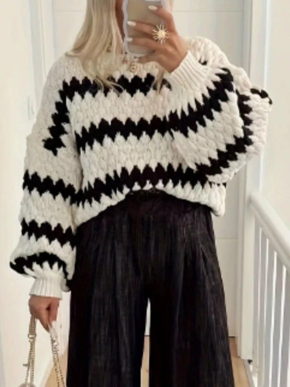 Striped Round Neck Dropped Shoulder Sweater, image 4