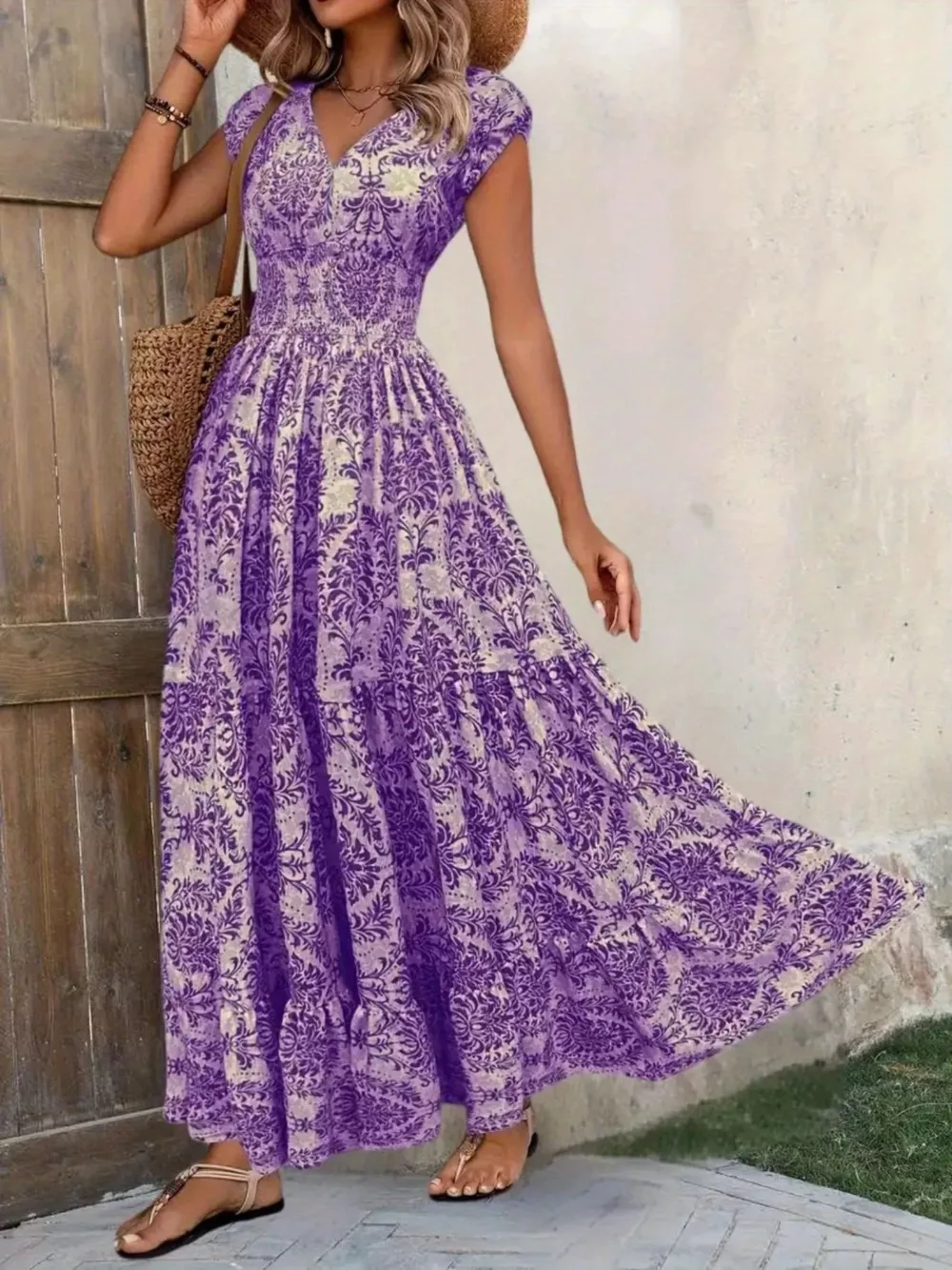 Printed Cap Sleeve Maxi Dress, image 2