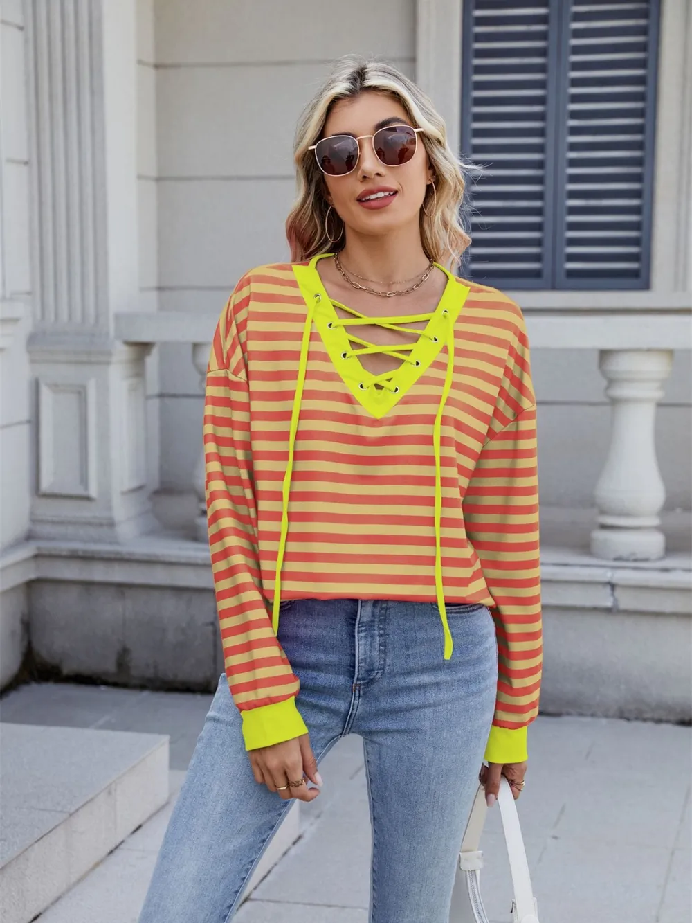 Lace-Up Striped Long Sleeve T-Shirt, image 12
