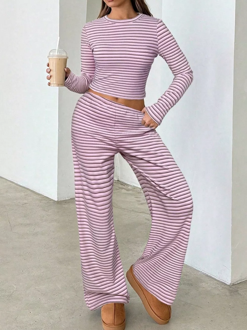 Striped Long Sleeve Crop Top and Wide Leg Pants Two-Piece Set, image 8