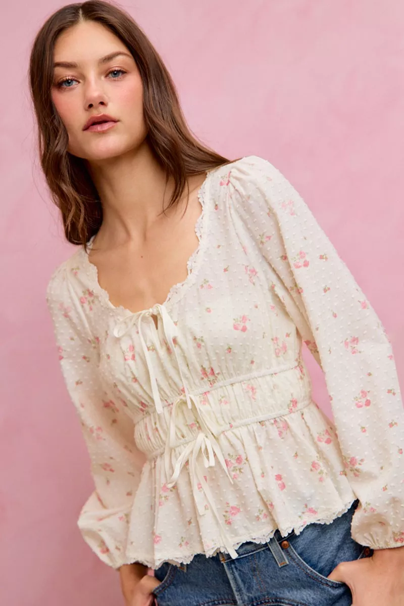 Floral Clip Dot Lace Trim Ruched Bodice Blouse, image 5